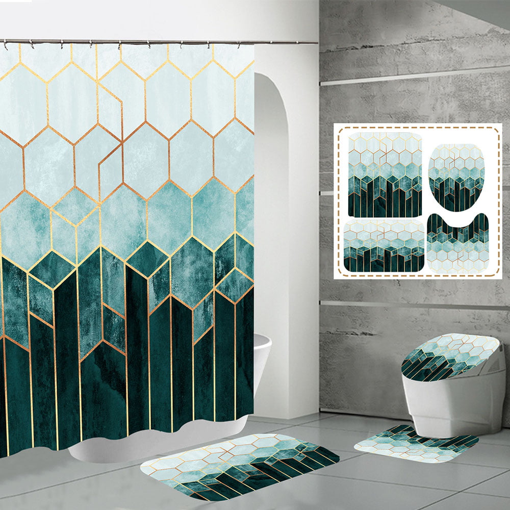 Details about   4pcs Waterproof Modern Bathroom Shower Curtain Set Toilet Lid Cover Bath Mat 