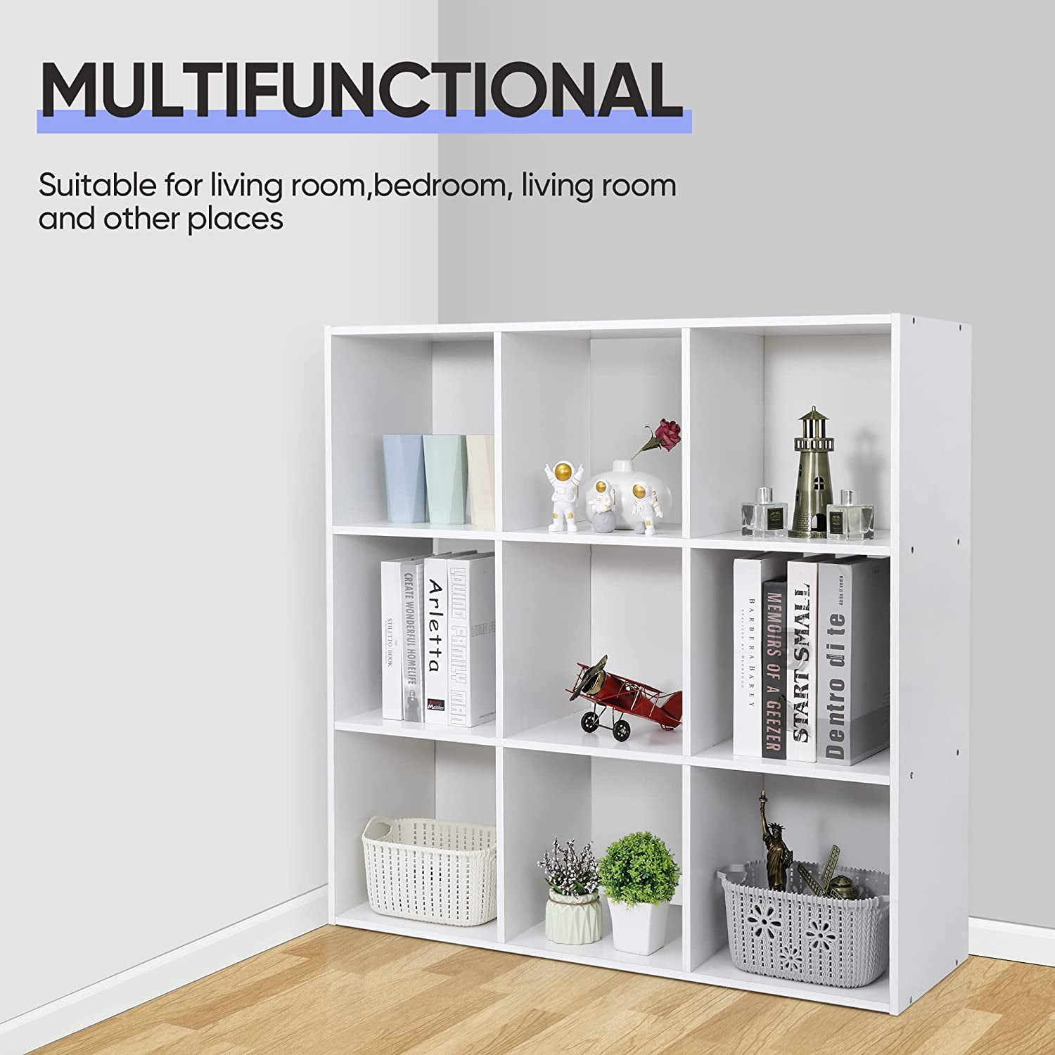 9 Cube Storage Organizer 11 inch Cube Storage Shelf 3 x 3 Wood Bookcase Display Bookshelf with 5 Removable Back Panels for Kids Children Home, Office, Bedroom, Living Room, White