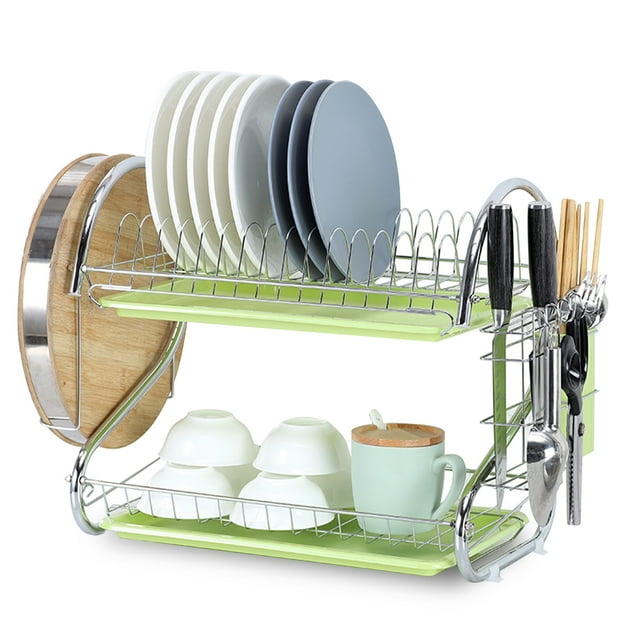 Amdohai Dish Drying Rack 2 Tier Dish Rack Steel with Removable Drain Board Storage Rack for Dish Drainer Utensil Holder Cutting Board Holder for Kitchen Countertop Organizer Storage