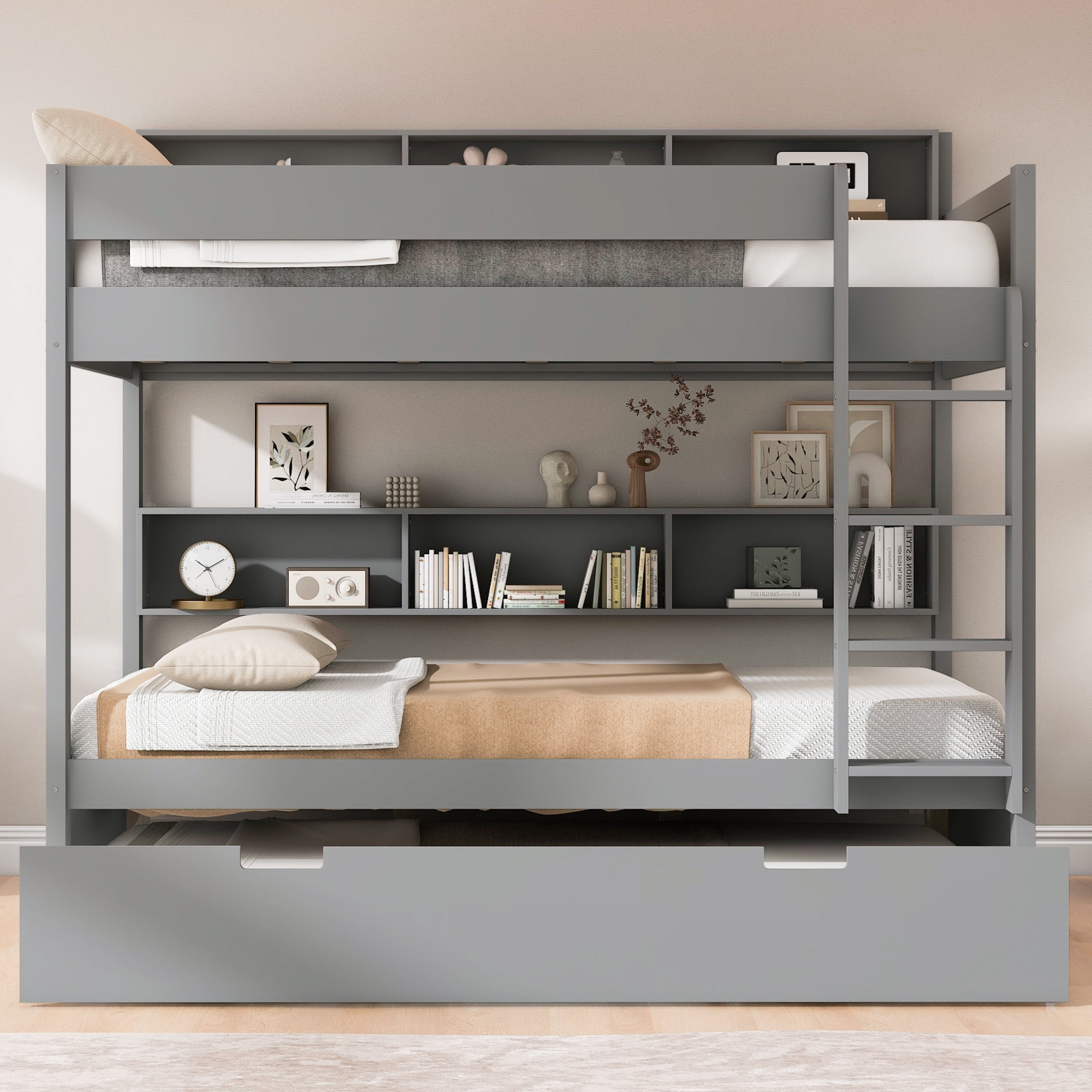 Euroco Wood Twin over Twin Bunk Bed with Storage Shelves and Trundle, Gray