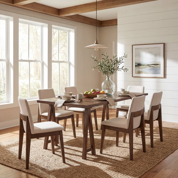 Christopher Knight Home 7-Piece Farmhouse Dining Set, 70.8" Table with Upholstered Armless Chairs, Walnut Beige