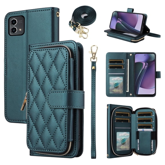 Furiet Argyle Wallet Case for Motorola Moto G Stylus 5G 2023 with Wrist/Shoulder Strap Card Slot Zipper Purse Luxury PU Leather Card Holder Stand Phone Cover for GStylus G5 XT2317DL Women Green
