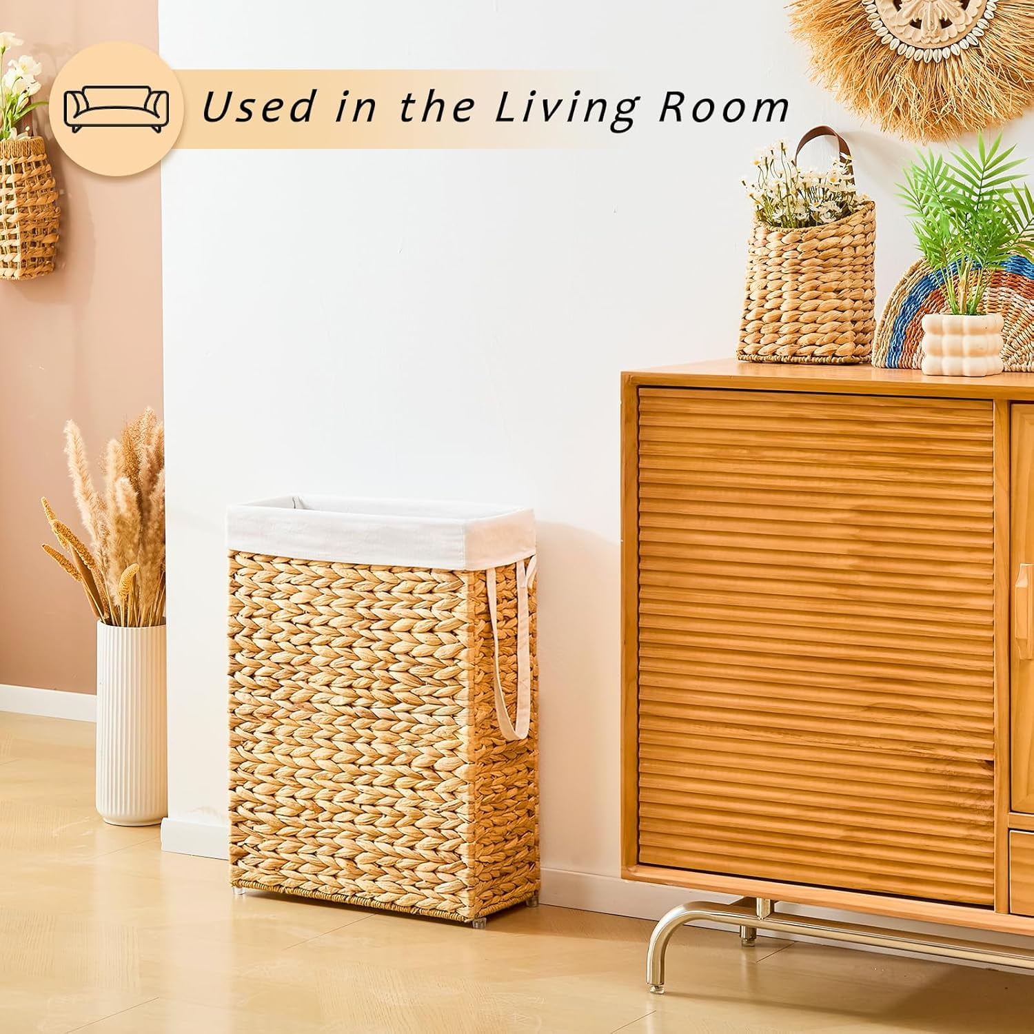 Casa Pura Furniture 55L Slim Handwoven Water Hyacinth Laundry Hamper, Narrow Wicker Laundry Basket with Handles, Removable Liner & 2 Mesh Bags