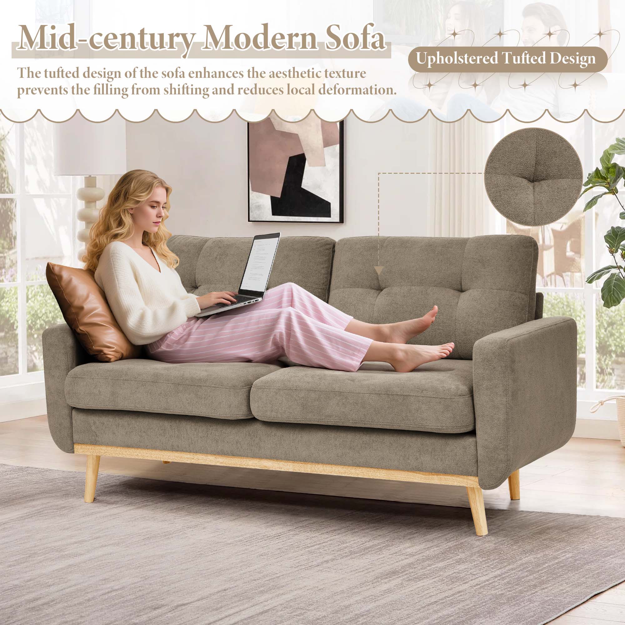 Timbernest 67.7" Loveseat Sofa, Mid-Century Loveseat Couch with Wooden Legs, Khaki Tufted Upholstery