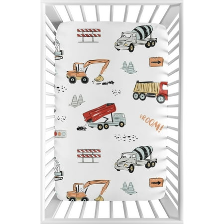 Construction Truck Fitted Mini Crib Sheet For Portable Crib or Pack and Play - Baby Boy Grey Yellow Orange Red and Blue Transportation Nursery by Sweet Jojo
