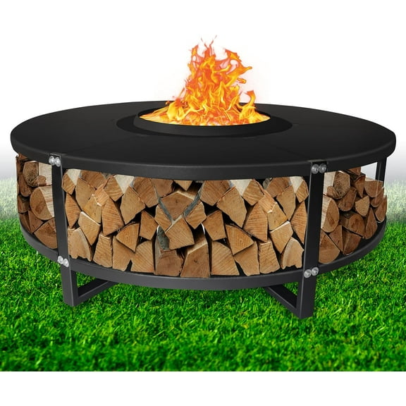 21.6" Smokeless Fire Pit with Round Tabletop and Firewood Storage Shelf - Durable Carbon Steel Bonfire Fire Pit - Smokeless Fire Pits for Outside Gathering