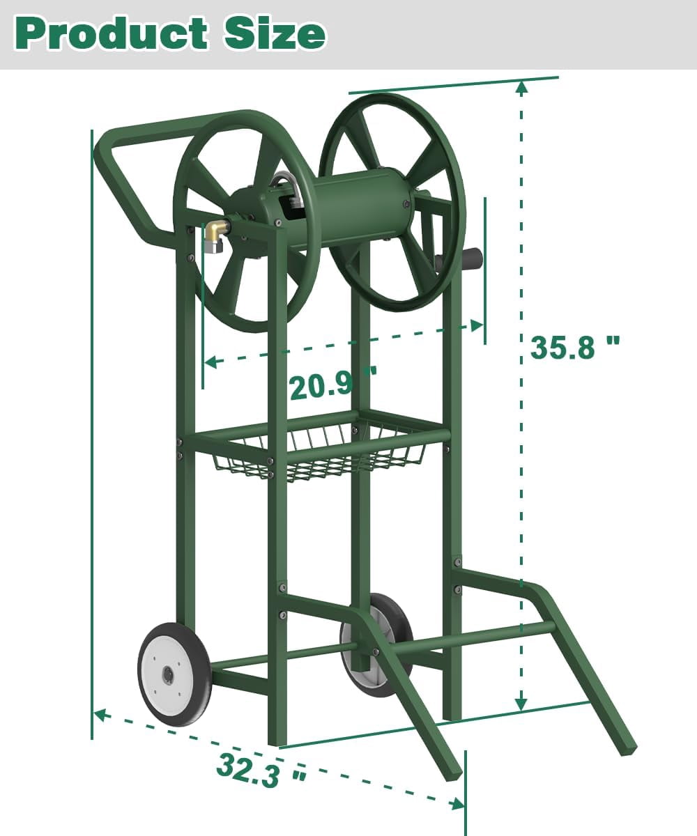 Hose Reel Cart with 2 Wheels, Garden Water Hose Holder Heavy Duty Powder Coated Steel Outdoor Winder Storage Holds 125 ft 5/8" Hoses with Basket and 3.9ft Leader Hose for Backyard, Green