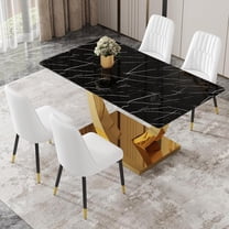 TesNus 63" Black Faux Marble Dining Table Set for 4, Rectangular Tempered Glass Table with Gold U-Shaped Base and White PU Leather Chairs for Dining Room Kitchen