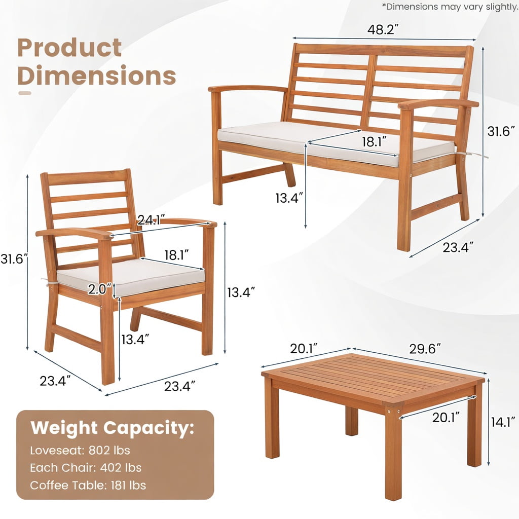 Hommoo 4-Piece Outdoor Patio Furniture Set, Acacia Wood Loveseat, 2 Chairs & Coffee Table, Durable, Weather-Resistant Backyard Seating, White