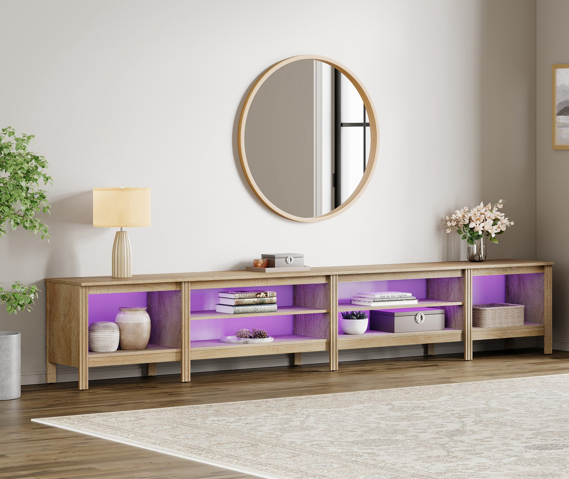 Fitueyes 118" Wood TV Stand for 85-100" TVs, Media Console Table with Open Shelves & 16 Colors LED Light for Living Room Bedroom, Oak