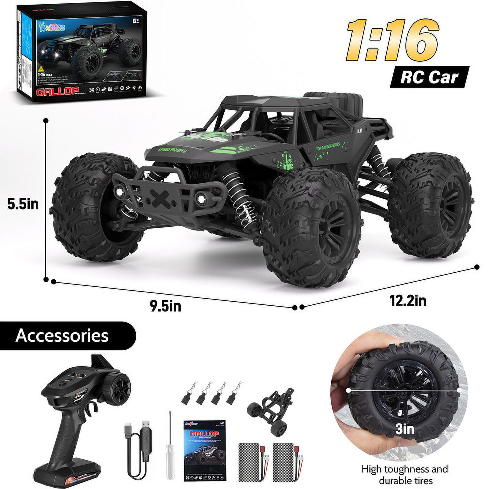LOOKFLY 1:16 Scale Fast Large RC Car,40+KM/H All Terrain High Speed Remote Control Car, 4x4 RC Monster Truck with 60 Min Runtime,2 Batteries,Gifts Toys for Kids & Adults,Black