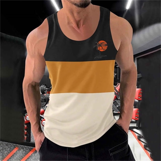 Tank Top for Men, Men Casual Fashion Patchwork Print Pullover Round Neck Sports Tank Tops