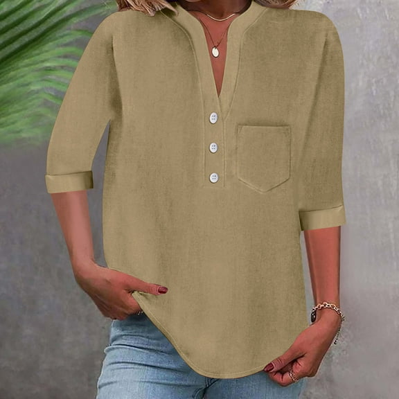 Xdegoge History Henley Shirts for Women Cotton Button Up Shirt Summer Trendy 3/4 Sleeve V Neck Blouses Lightweight Breathable Tunic Tops Beach Vacation Clothes