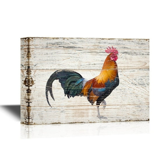 wall26 - Birds and Poultry Canvas Wall Art - A Colorful Rooster - Vintage Wood Style Giclee Print Gallery Wrap Modern Home Art | Ready to Hang - 12x18 inches
