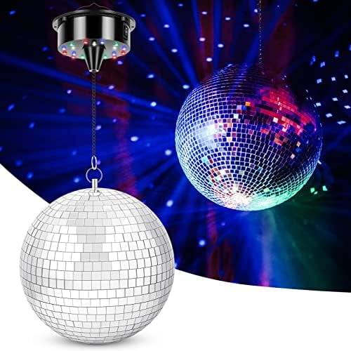 Disco Ball with Motor and Light, 8" Hanging Mirror Ball and 6RPM Batteries Powered Rotating Motor with 4 Light Colors and 18 LEDs for Disco Party Decoration, DJ Club$$Tools & Hardware Other