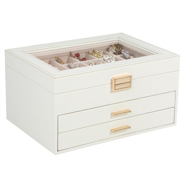 Joyero Voova de piel sintética de 3 capas, blanco, 25 x 18 x 13 cm