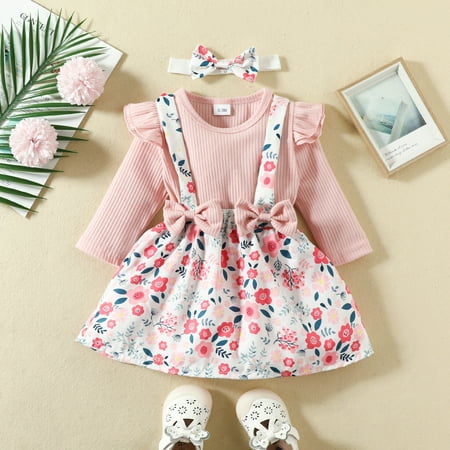 

Breampot 3-6M Autumn And Winter Baby Strap Skirt Set Baby Long Sleeve Ha Coat Pollen Bow Strap Skirt