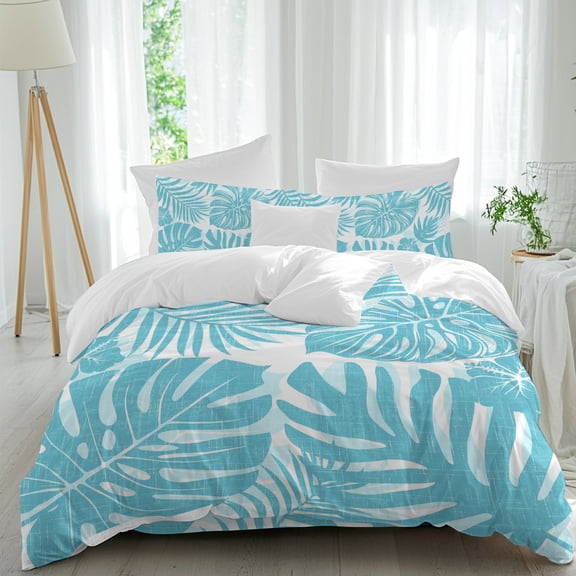Aqua Blue Palm Leaves Comforter Set Twin Size, Tropical Botanical Minimalist Modern Soft Bedding Set for Man Woman, 4 Pieces Duvet Cover Set with Flat Sheet, 2 Pillowcases