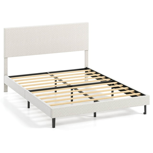 Costway Cadre de Lit en Velours Format Grand avec Tête de Lit à Chevrons Réglable en Hauteur, beige. le Cadre de Lit Présente une Tête de Lit Rembourrée en Velours Doux avec Motif à Chevrons et Trois Réglages de Hauteur Ajustables (37,5 Pouces, 40 Pouces Ou 43,5 Pouces) pour Accueillir des Matelas de 10 Pouces à 12 Pouces d'Épaisseur. Il Comprend 10 Lattes en Bois à Espacement Uniforme et des Pattes de Soutien Milieu en Métal Renforcées pour la Stabilité, Offrant jusqu'à 800 Lb. le Cadre