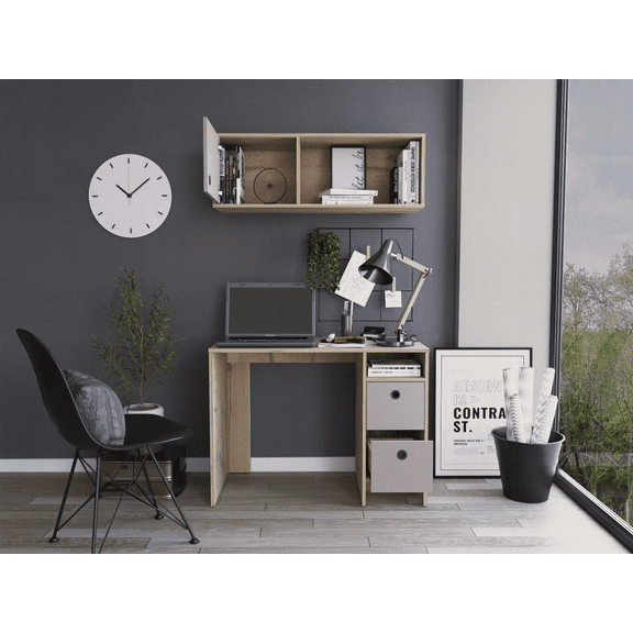 Khali Light Oak/Taupe Office Set - Desk with 2 Drawers & Shelf Single-Door Wall Cabinet