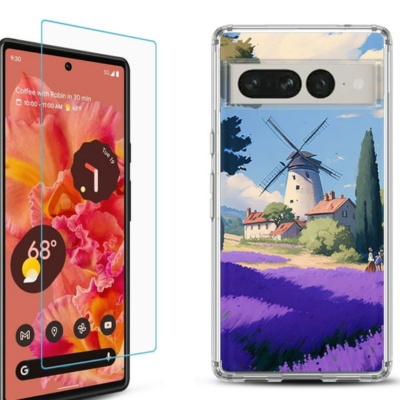 Shockproof Bumper Phone Case for Google Pixel 7, with Tempered Glass Screen Protector, by OneToughShield ® - Lavender Field