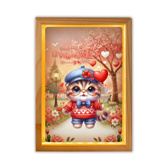 Happy Valentine’s Day Adorable Scottish Fold Kitten Holding Heart Balloon Acrylic Plaque with Wood Photo Frame Box Cat Lover Kitten Owner Gifts Light Box - 00030