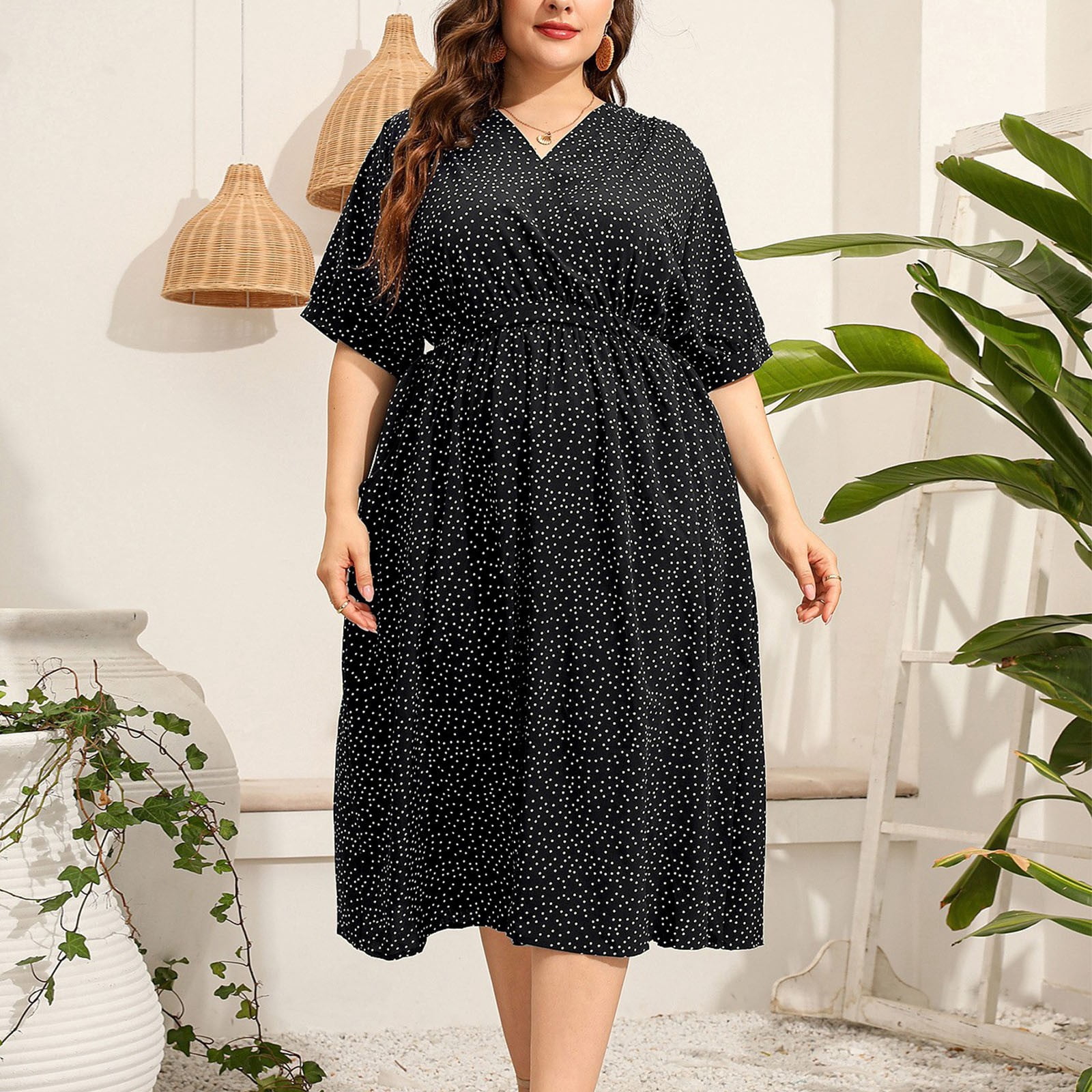 Plus Size V-Neck T-Shirt Dress - Short Sleeve Swing Tunic With Pockets, Black Polka Dots