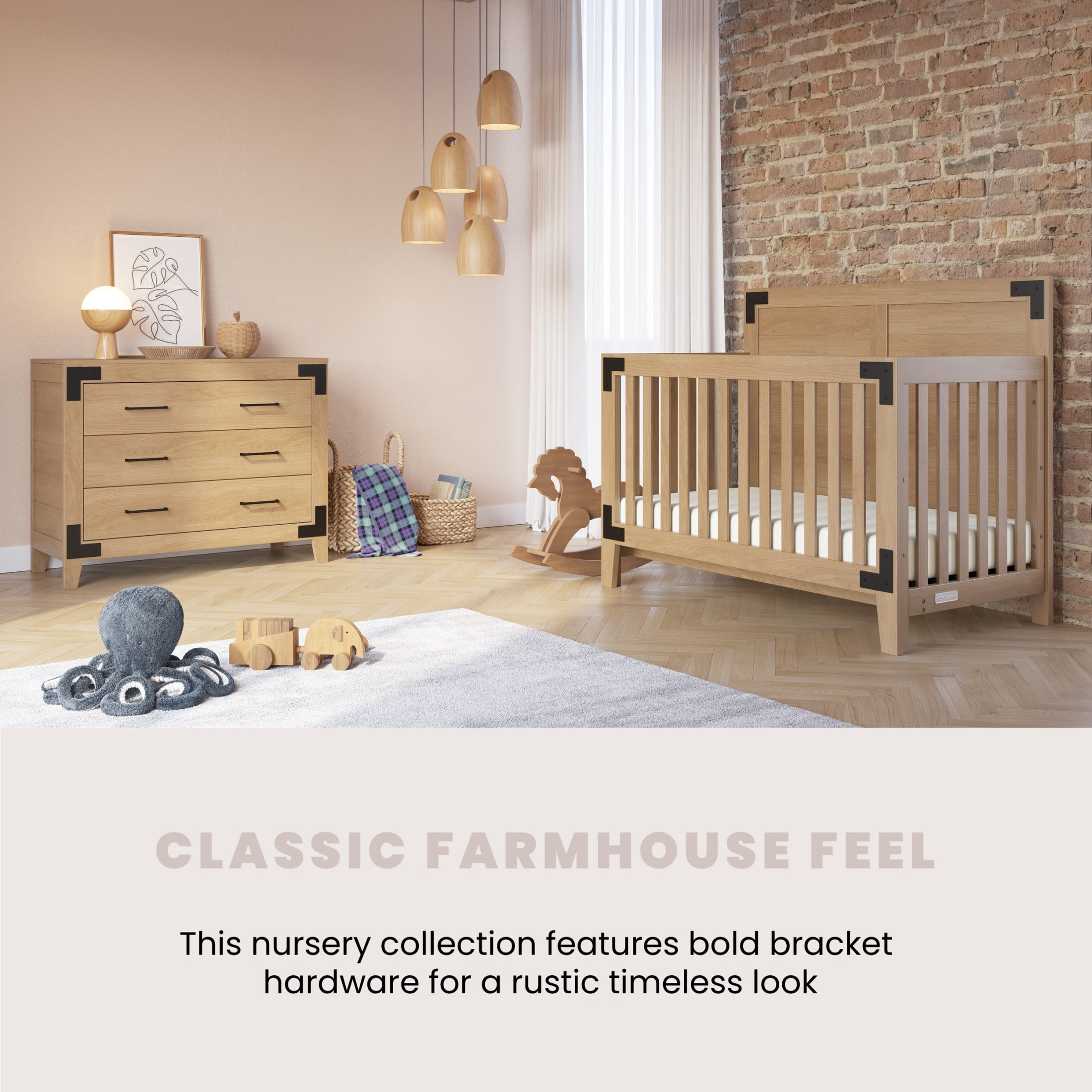 Child Craft Lucas 4-in-1 Convertible Crib, Farmhouse Shiplap Design, 3 Mattress Heights, Nutmeg