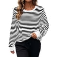thumbnail image 3 of Women Tops Color Block Striped Long Sleeve Sweatshirts Crew Neck Drop Shoulder Loose Fashion Casual Pullover Tops Color Contrast Cuff Loungewear Shirts, 3 of 6