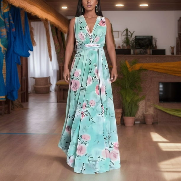 Gibobby Vestidos Casuales para Mujer Vestido casual de mujer elegante de gasa sin mangas de verano con estampado floral y dobladillo dividido Azul