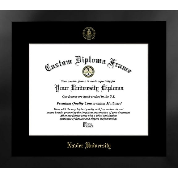 Xavier University 18w x 14h Manhattan Black Single Mat Gold Embossed Diploma Frame with Bonus Campus Images Lithograph (value savings at $59)