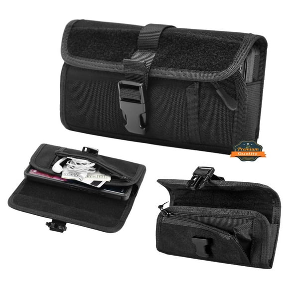 For Galaxy A54 5G Universal Phone Holder Horizontal Nylon Pouch [Front Buckle & Zipper Compartment] with Belt Clip Holster Loops, XL Screen Size 6.3" - Black