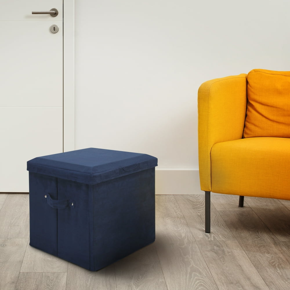 Seat Pad Folding Storage Ottoman. Micro Suede Cover Navy Blue