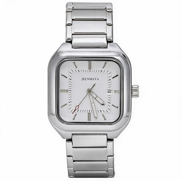JeenMata Men’s Square Stainless Steel Watch, Water Resistant White Textured Dial with Date Window