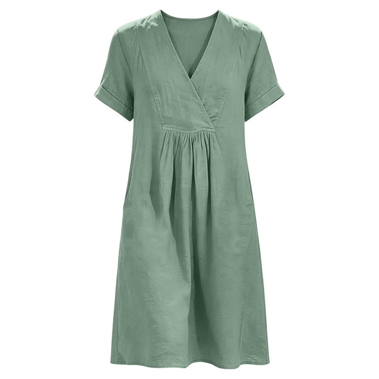 green pleated wrap dress Vivianyo HD Women's V-Neck Midi Dress, Loose Casual hort Sleeve Vacation Dresses with Side Pocket, Women's Mint Green, Sizes S-3xl, Size 44S