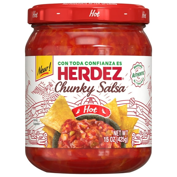 HERDEZ Chunky Salsa Hot, Tortilla Chip Dip, Shelf Stable, 15 oz Glass Jar