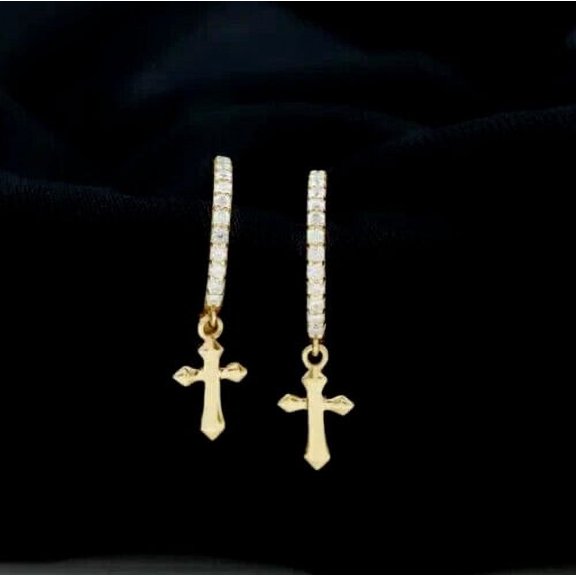 Sparkle Jewels Women's Drop Cross Earrings 14K Yellow Gold Plated Round Cut Cubic Zirconia