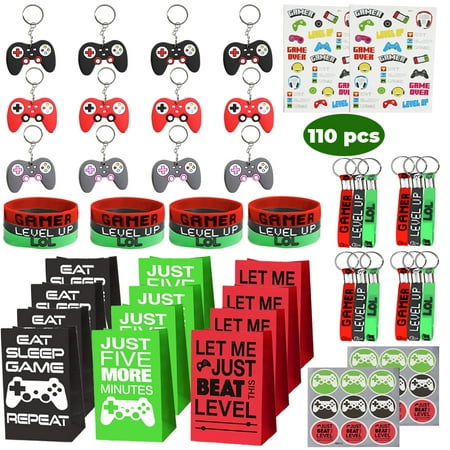 Empire Party Supply 110 Pcs Toys Assortment for Kids - Video Game Party Favors Treat Bags, Keychain, Wristband for Boys Level Up Birthday Supplies