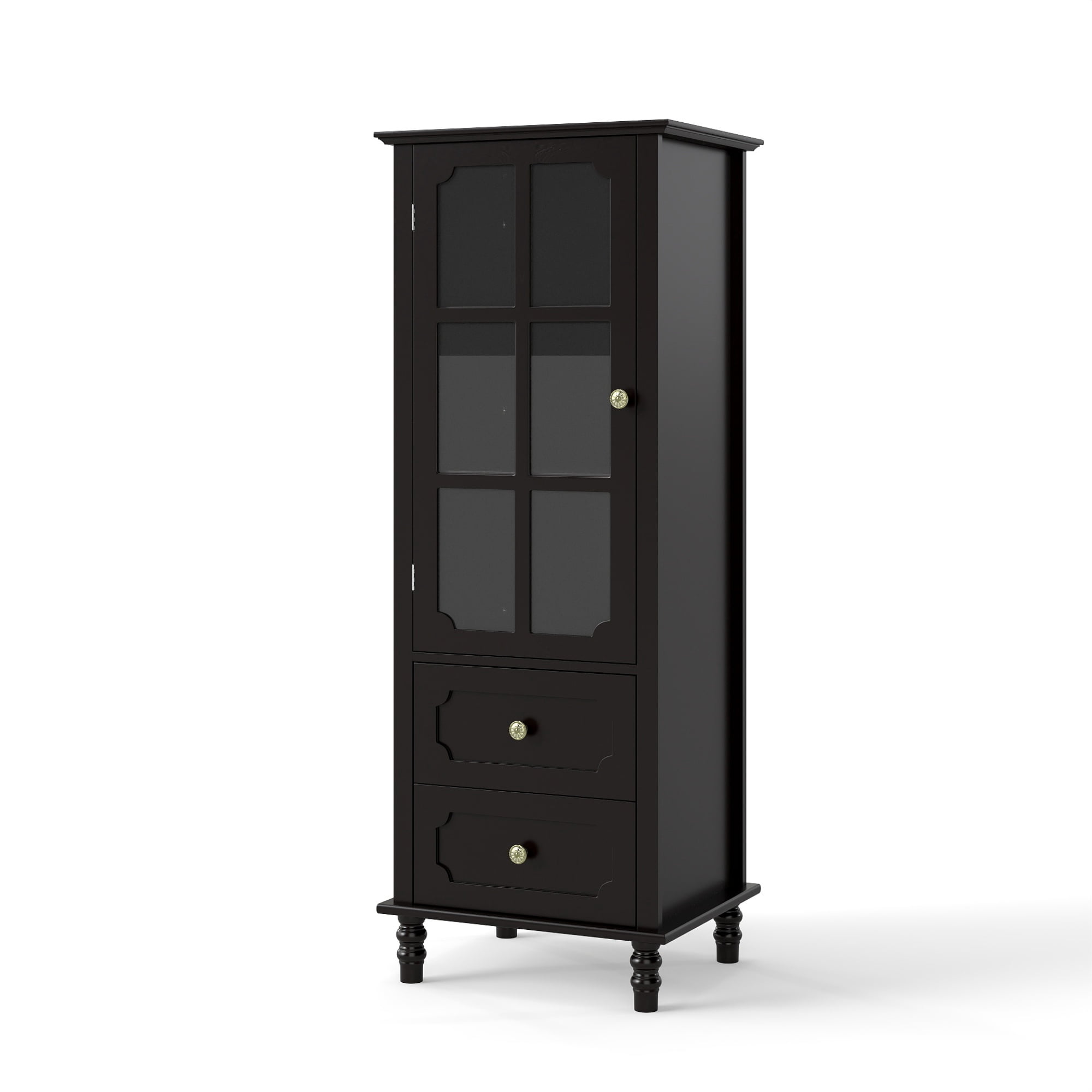 Leumius Minimalism Buffet Cabinet with Glass Doors and Double Drawer, Modern Wooden Storage Sideboard Cupboard for Living room Dining Room Hallway Entryway Black