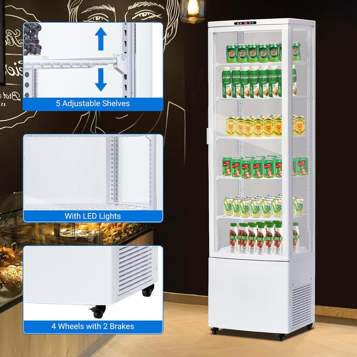 Homhougo Commercial Fridge Display Refrigerator, 10.9 Cubit Feet Beverage Cooler with Tempered Glass Door, Upright Merchandiser with 4 Castors, 5 Adjustable Shelves, Customizable Lightbox, 308L