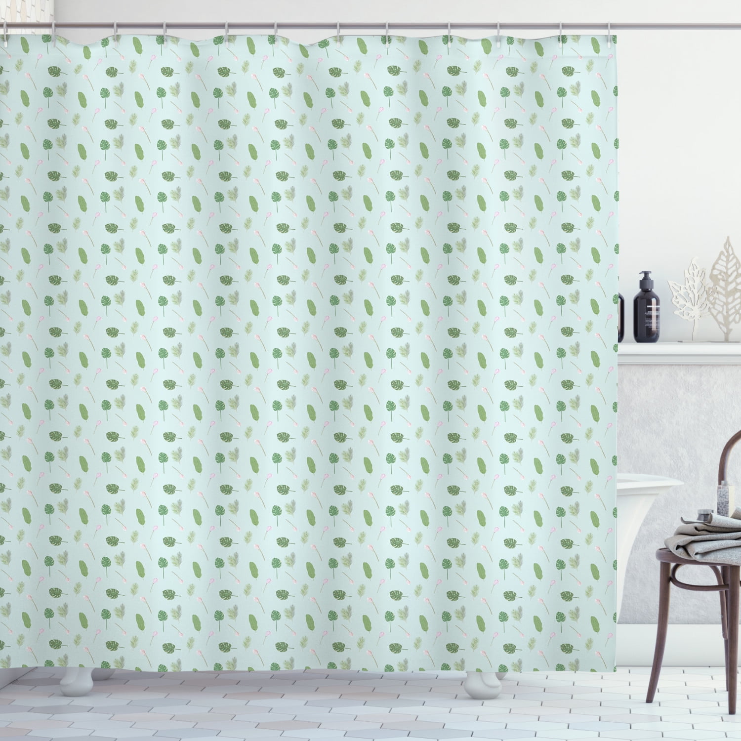 Pastel Shower Curtain, Botanical Leaves and Burgeoning Flowers, Fabric