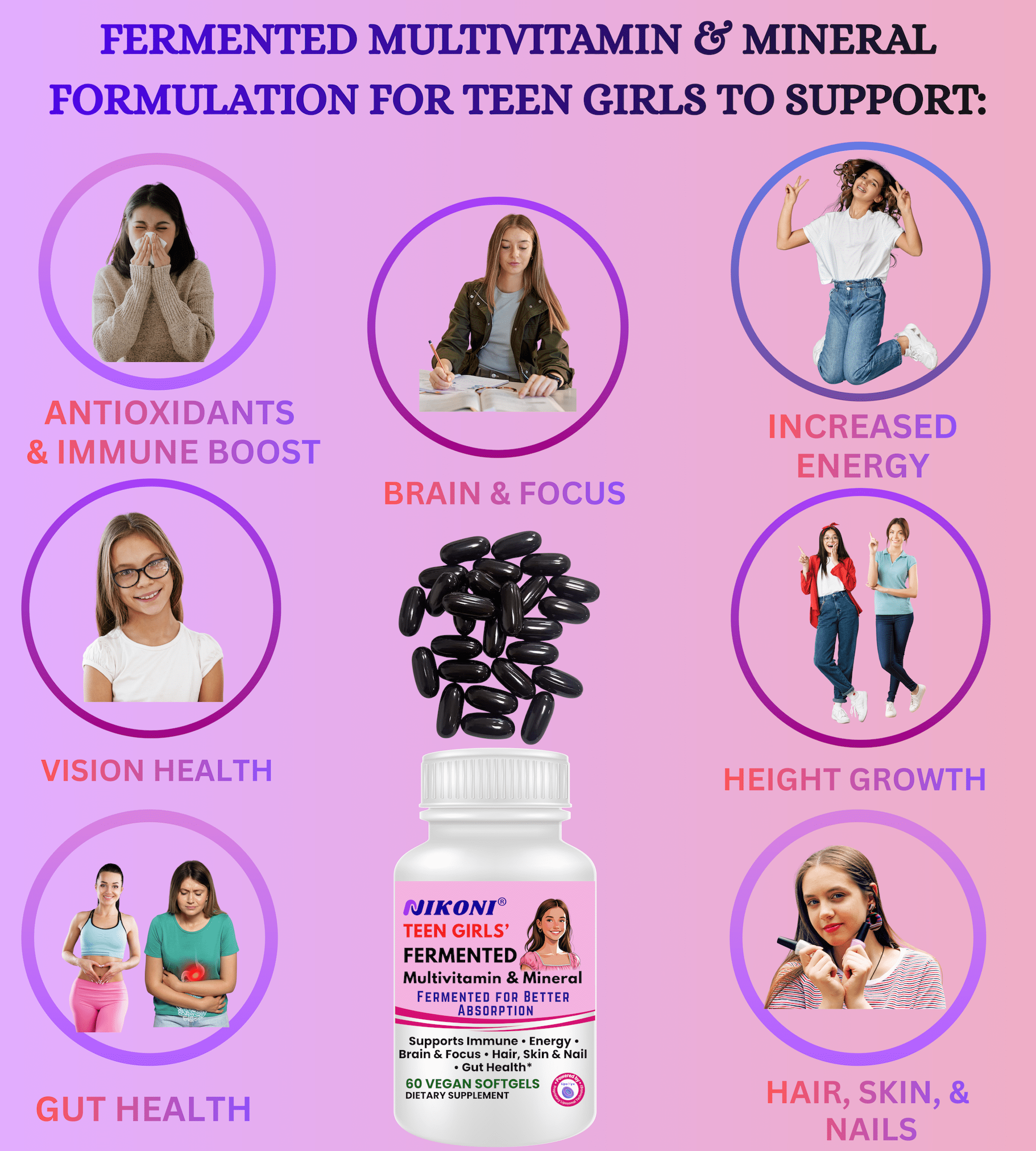 Nikoni Teen Girls' Fermented Multivitamin Mineral Vegan Softgels for Better Absorption 60 Count