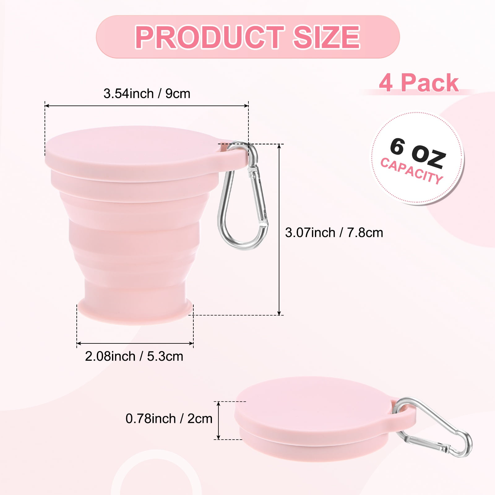 Uxcell 4 Pack Collapsible Travel Cup, 6oz(180ml) Silicone Portable Foldable Water Cup Bottle with Spring Buckle [Pink]