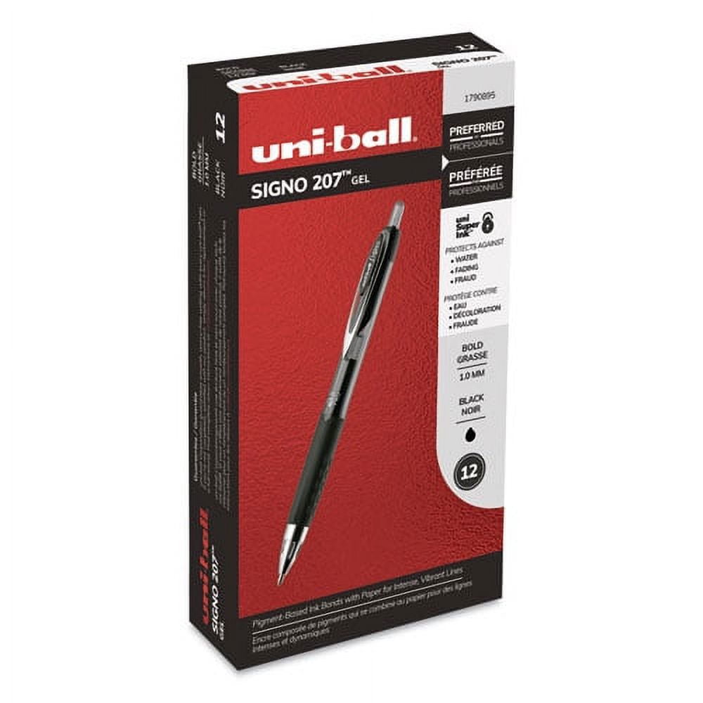 uni-ball Signo 207 Gel Pen, Retractable, Bold 1 mm, Black Ink, Translucent Black Barrel, Dozen (1790895)