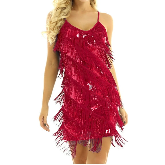 Sywiyi Women's Flapper Dresses Vintage 1920s Beaded Fringed Tassels Hem Cocktail Party Dress Red One_Size