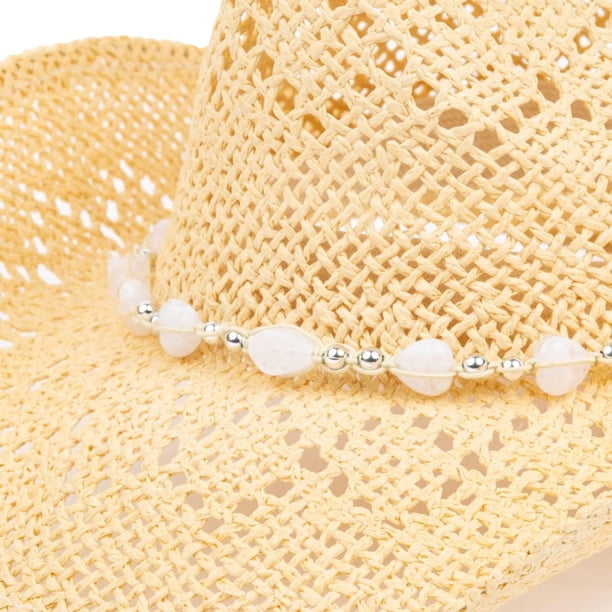 Straw Cowboy Hat with Shapeable Brim Beaded Hearts Trim TOVOSO Western Cowgirl Hat, Straw Cowboy Hat for Women with  main image 4