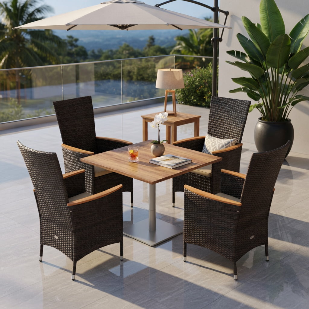 Hommoo 2-Piece Outdoor Wicker Dining Chair Set, High-Back PE Rattan Patio Chairs with Cushions, Acacia Wood Armrests & Heavy-Duty Metal Frame for Backyard, Porch or Poolside, Natural
