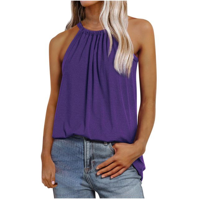 Timegard Womens Tank Tops Crew Neck Pleated Back Drawstring Comfy Summer Casual Sleeveless Tops Blouse