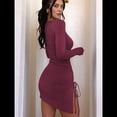 thumbnail image 4 of Vestido Corto de Punto Elástico, Ajustado, Fruncido, con Cordón Ajustable, Liso, de Otoño, Cuello Redondo, Larga Vino Tinto XL, 4 of 7