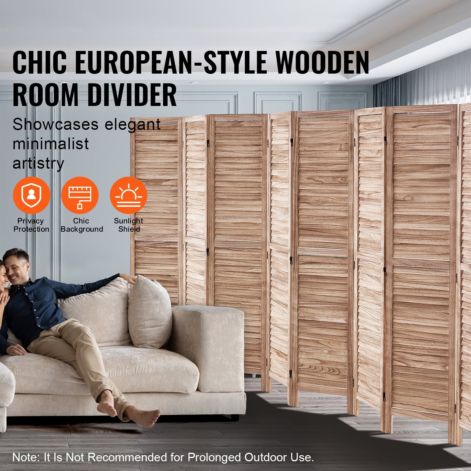 KFFKFF Wooden Partition, 8-Panel Folding Privacy Barrier, 66.9 Inches High Indoor Slatted Divider, Movable Decorative Screen, Ideal for Space Division in Homes, Offices, Restaurants & Bedrooms